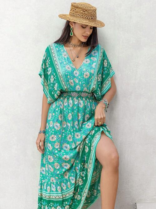 Boho Chic  Floral V-Neck Smocked Short Sleeve Dress [Spirit and Rebel]   