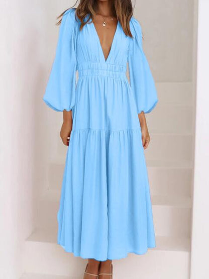 Deep V-Neck Balloon Sleeve Plain Maxi Dress [Spirit and Rebel]   