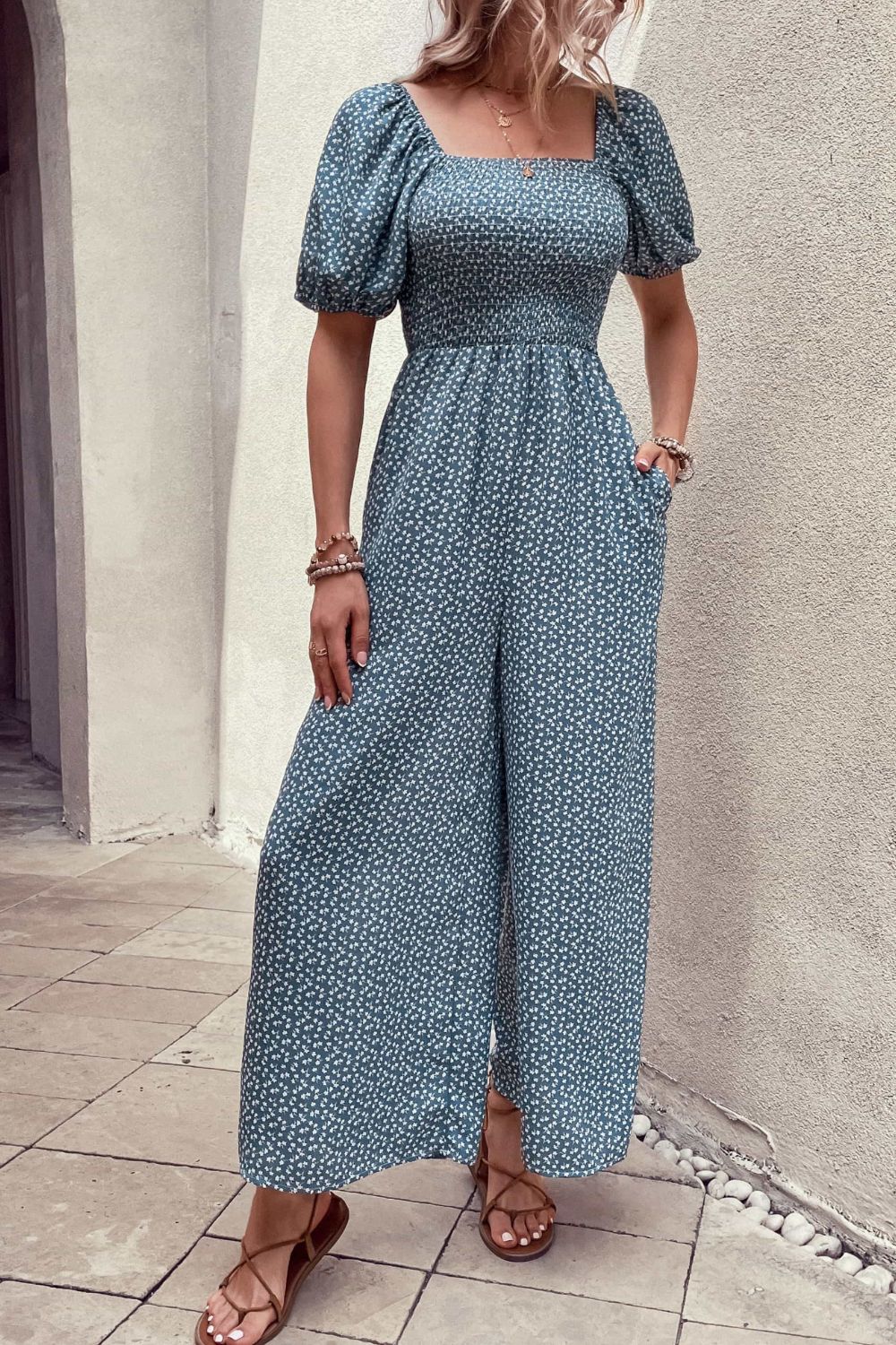 Boho Life Printed Square Neck Jumpsuit with Pockets [Spirit and Rebel]   