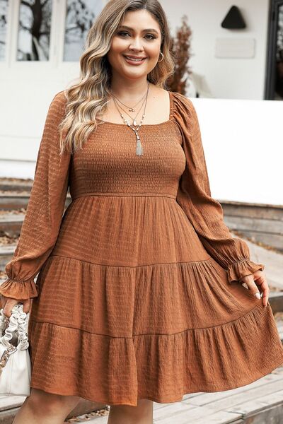 Boho Chic  Plus Size Smocked Square Neck Tiered Dress [Spirit and Rebel]   