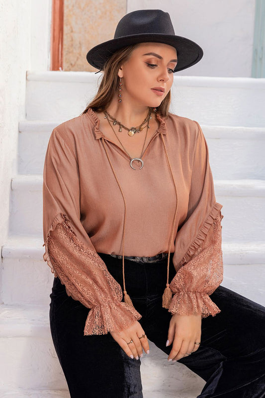 Plus Size Boho Tie Neck Flounce Sleeve Blouse [Spirit and Rebel] Light Mauve XL 