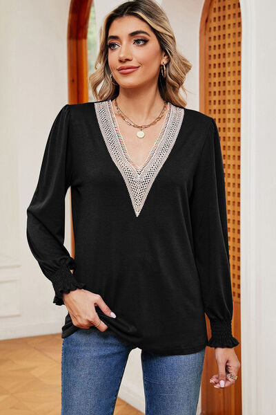 Lace Detail V-Neck Lantern Sleeve Bohemian T-Shirt [Spirit and Rebel]   