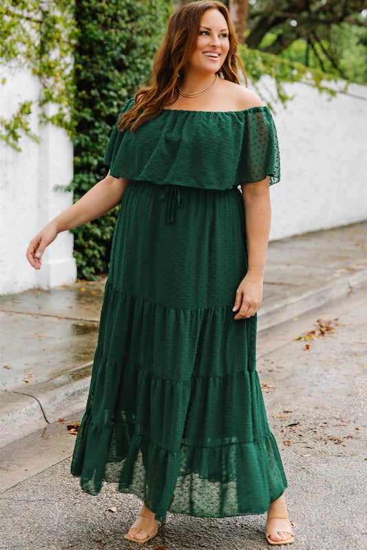 Boho Plus Size Swiss Dot Off-Shoulder Tiered Dress [Spirit and Rebel]   