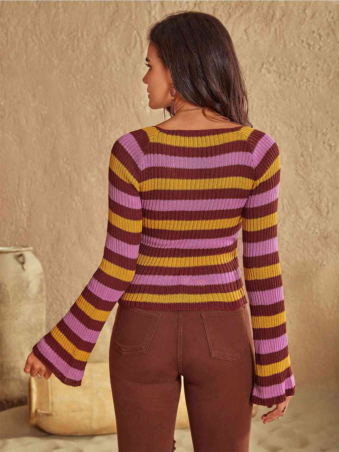 Striped Boat Neck Flare Sleeve Knit Top [Spirit and Rebel]   