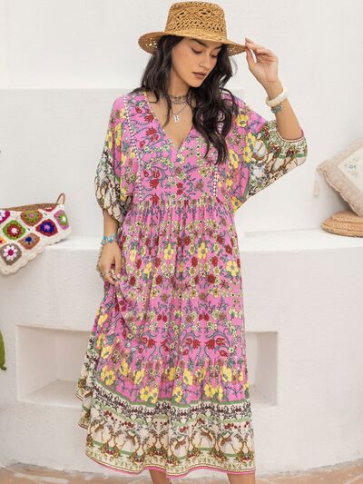 Printed V-Neck Balloon Sleeve Dress [Spirit and Rebel]   