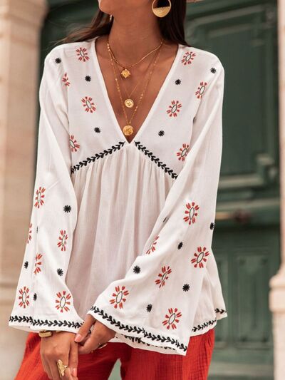 Embroidered V-Neck Long Sleeve Boho Blouse [Spirit and Rebel] White S 