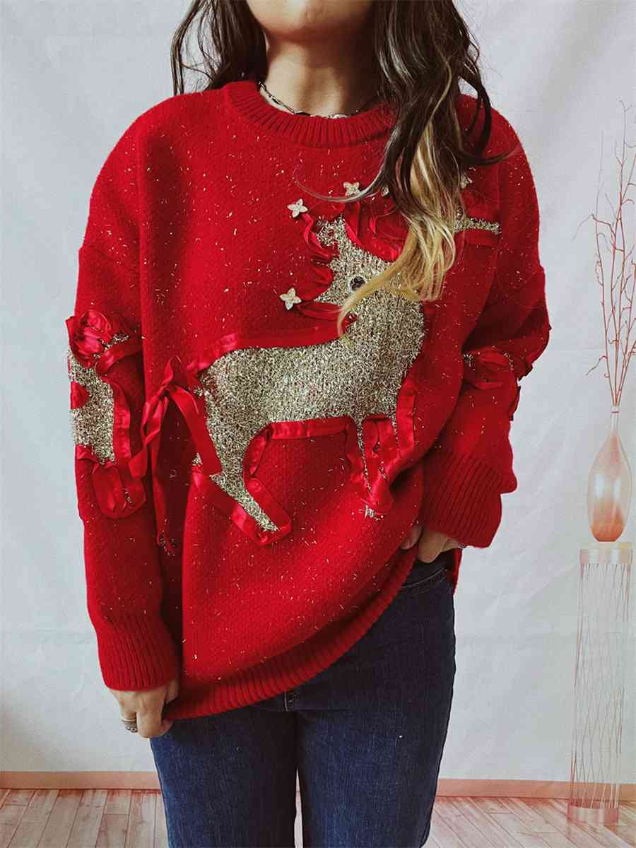 Reindeer Round Neck Long Sleeve Sweater [Spirit and Rebel] Red S 