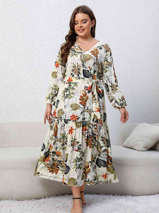 Plus Size Floral Tied Balloon Sleeve Midi Dress [Spirit and Rebel] Ivory 1XL 