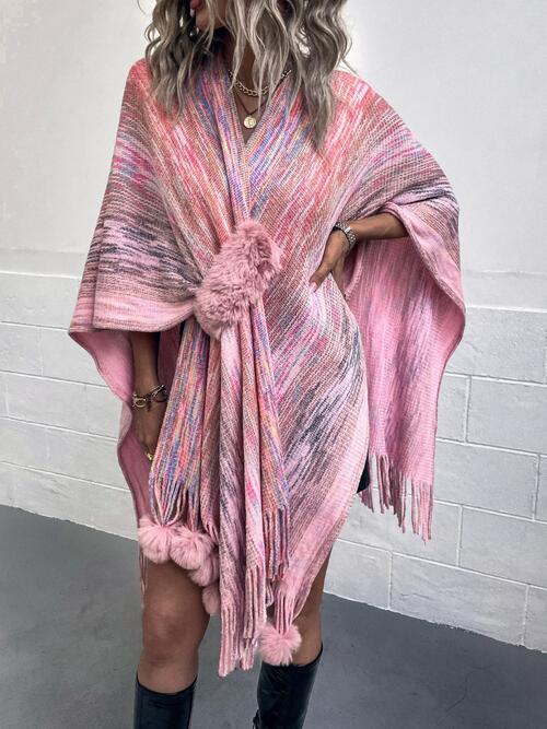 Boho Chic  Heathered Fringe Hem Poncho [Spirit and Rebel] Carnation Pink One Size 