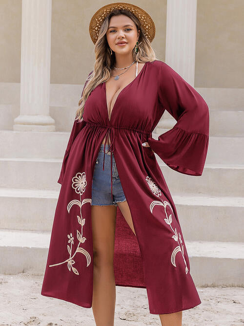 Boho Chic  Plus Size Floral Drawstring Flared Sleeve Cardigan [Spirit and Rebel] Wine 0XL 