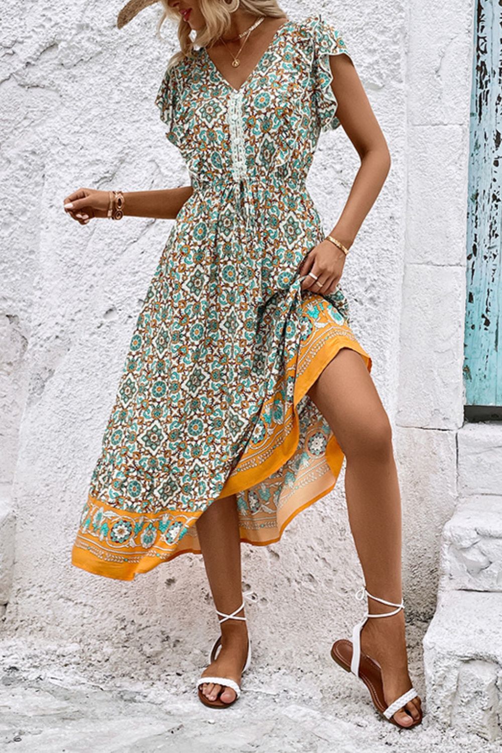 Bohemian V-Neck Flutter Sleeve Dress [Spirit and Rebel]   