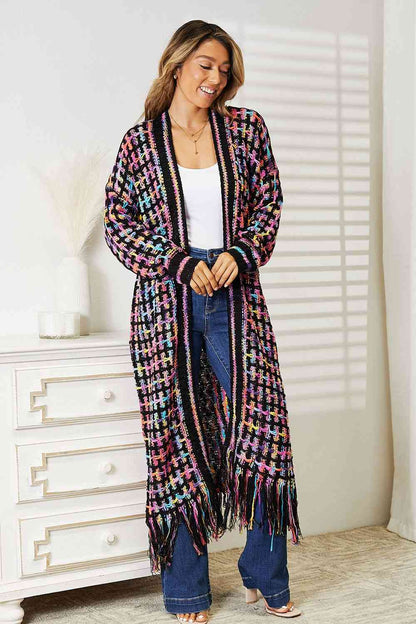 Double Take Full Size Multicolored Open Front Fringe Hem Cardigan [Spirit and Rebel]   