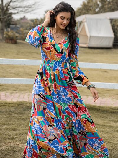 Printed Smocked Tie Neck Balloon Sleeve Maxi Dress [Spirit and Rebel]   