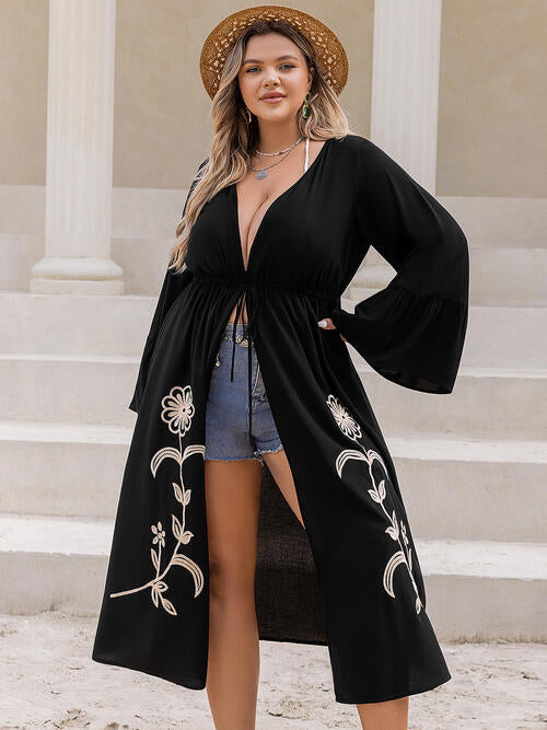 Boho Chic  Plus Size Floral Drawstring Flared Sleeve Cardigan [Spirit and Rebel] Black 0XL 