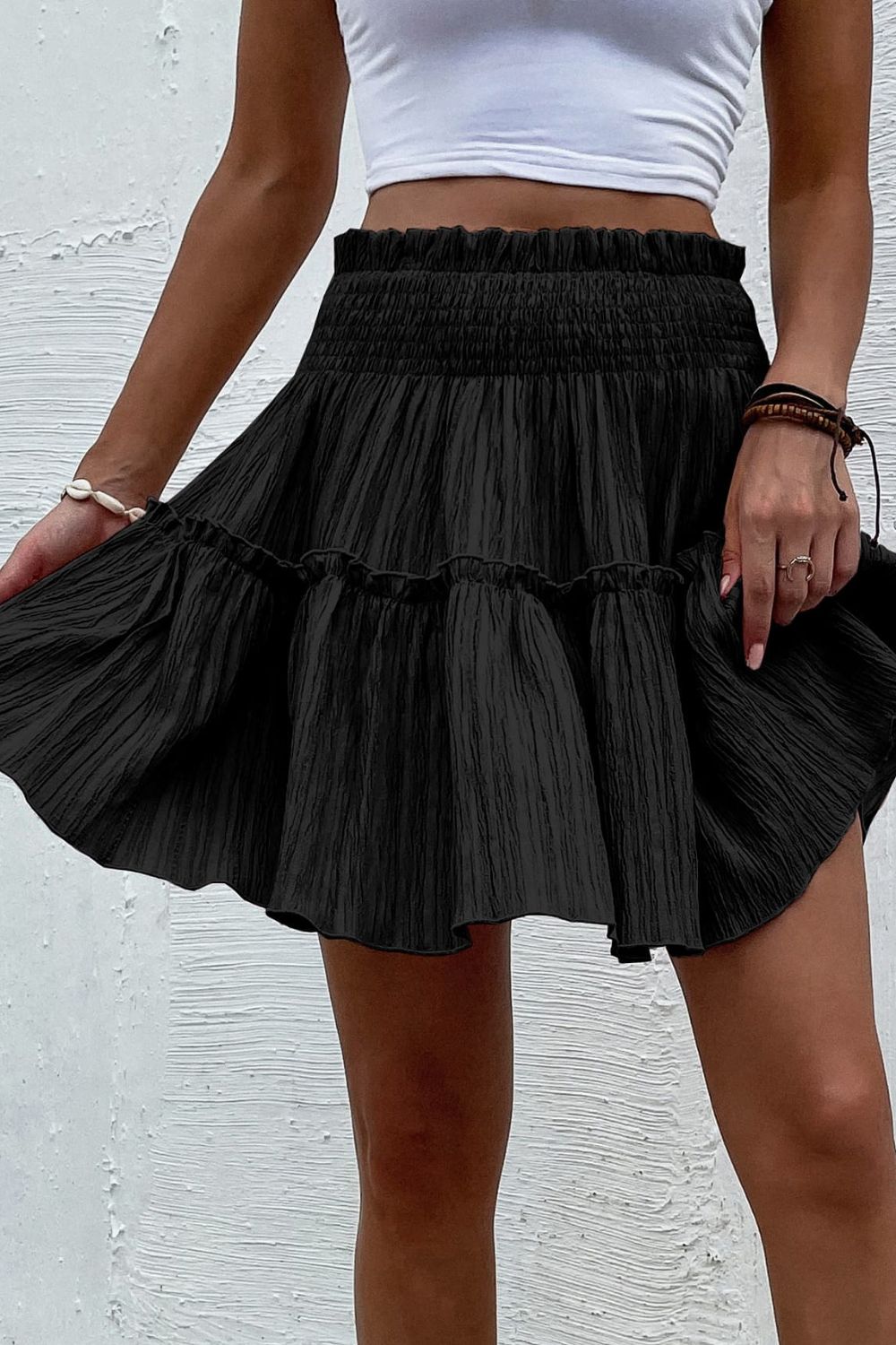 Smocked Waist Frill Trim Boho Skirt [Spirit and Rebel] Black S 