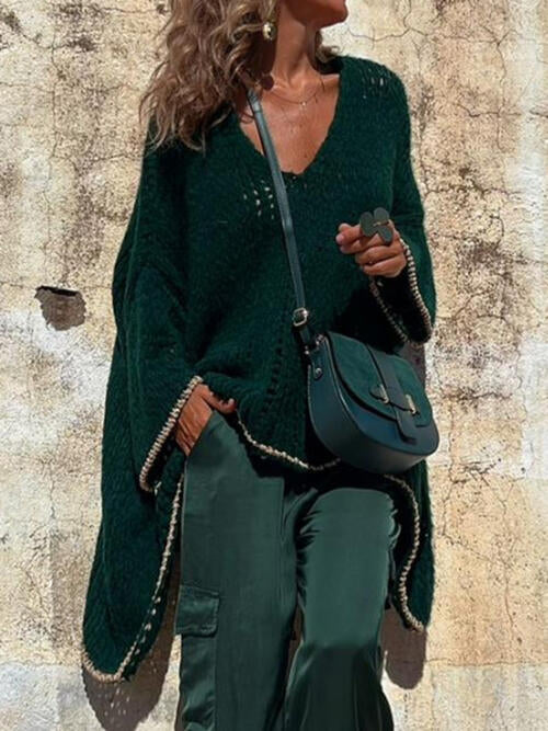 Boho Chic  Contrast V-Neck Long Sleeve Sweater [Spirit and Rebel] Green S/M 