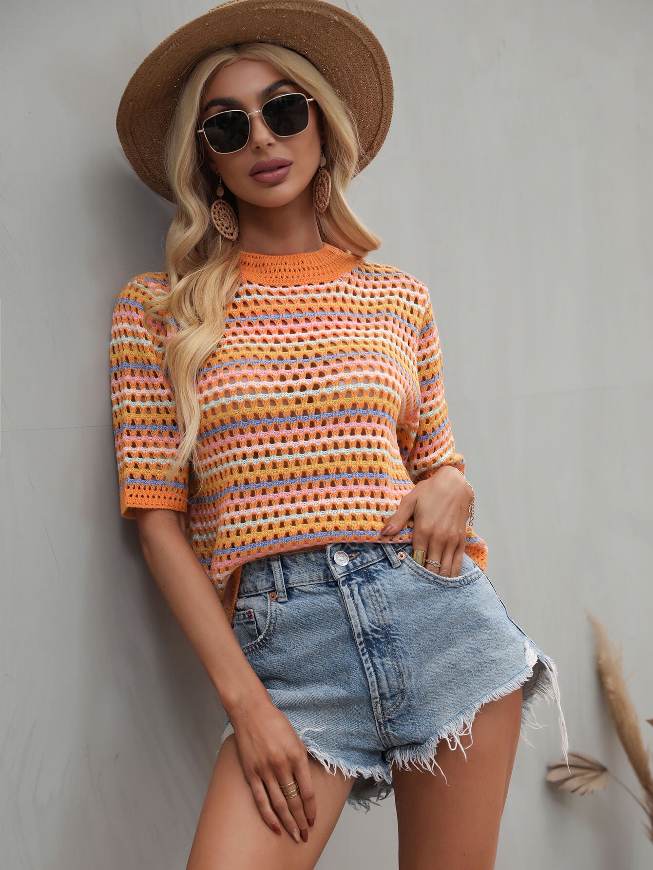 Bohemian Striped Openwork Half Sleeve Knit Top [Spirit and Rebel]   