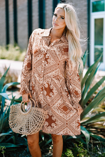 Boho Free Spirit Hippie Printed Flounce Sleeve Shirt Dress [Spirit and Rebel]   