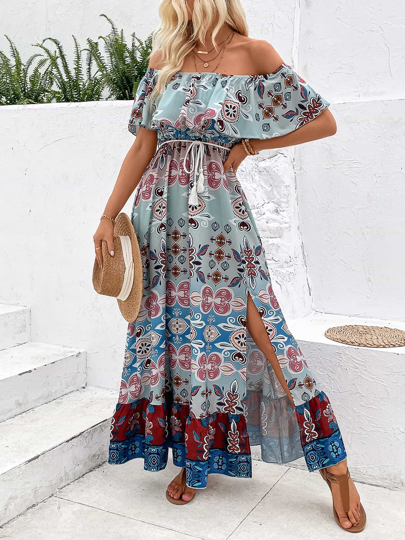 Printed Off-Shoulder Slit Maxi Dress [Spirit and Rebel]   