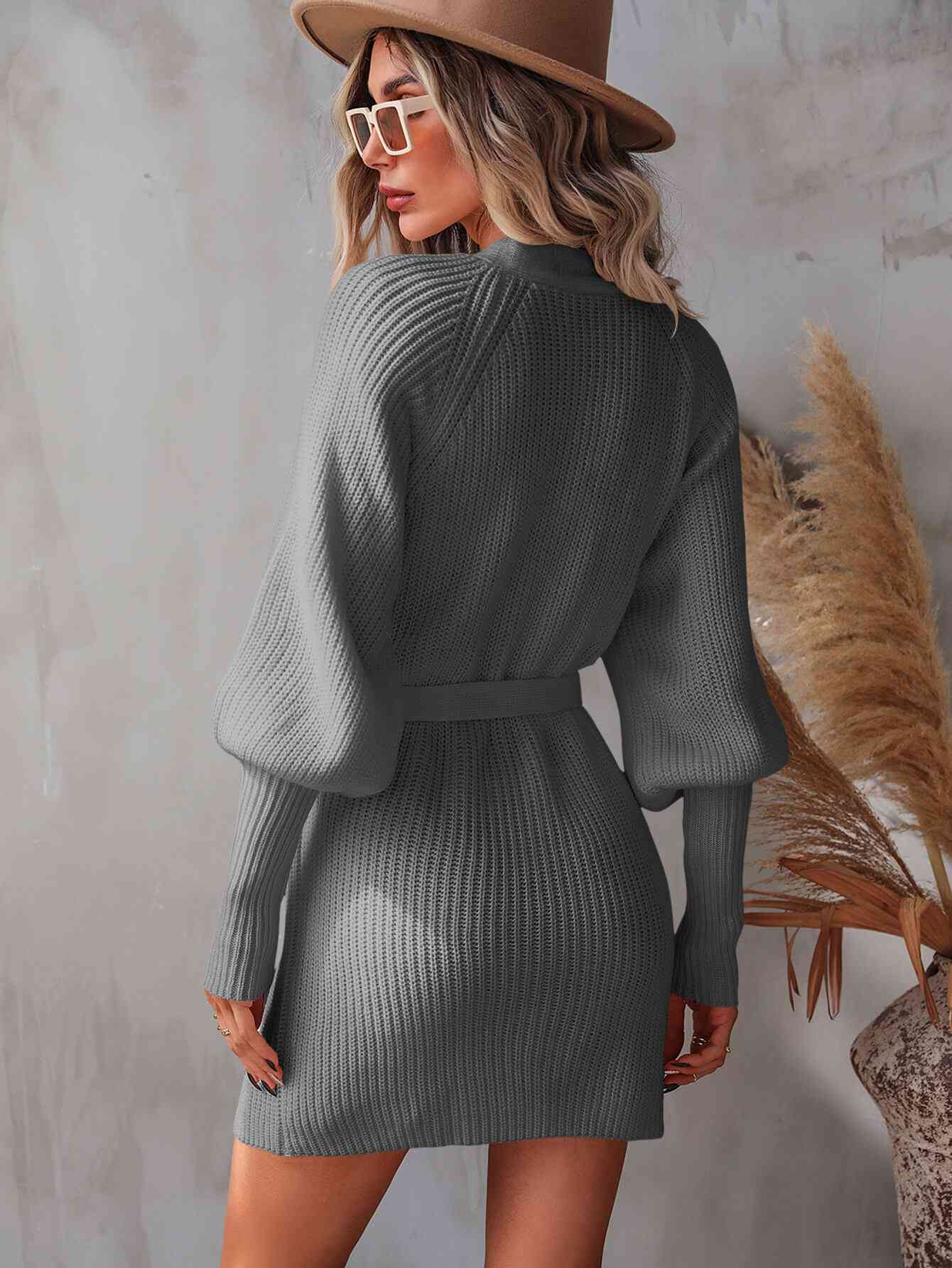 Belted Surplice Lantern Sleeve Wrap Sweater Dress [Spirit and Rebel]   