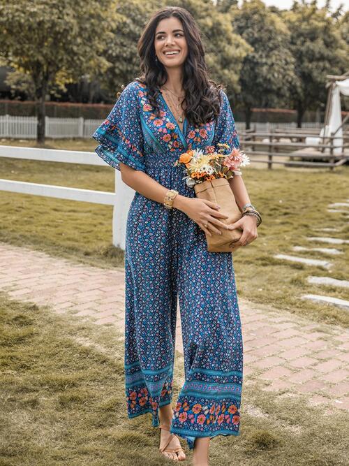 Boho Chic  Floral Surplice Flutter Sleeve Jumpsuit [Spirit and Rebel]   