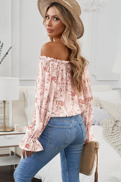 Boho Floral Flounce Sleeve Frilled Off-Shoulder Blouse Hippie Clothes [Spirit and Rebel]   