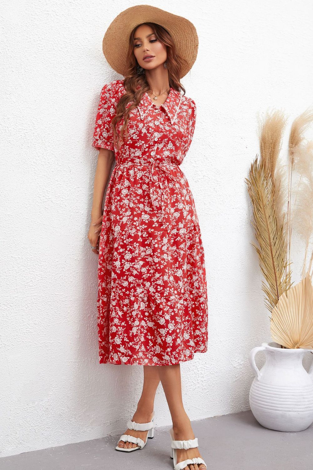 Boho Chic Floral Tie Waist Puff Sleeve Midi Dress [Spirit and Rebel]   