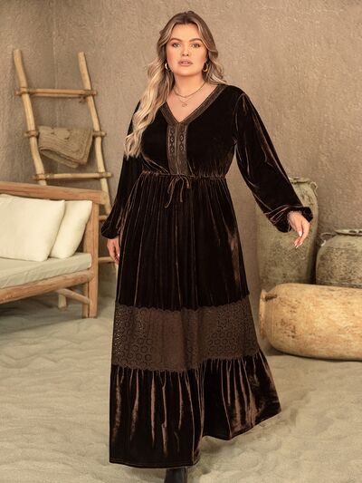 Boho Plus Size V-Neck Balloon Sleeve Maxi Dress [Spirit and Rebel] Chocolate 0XL 