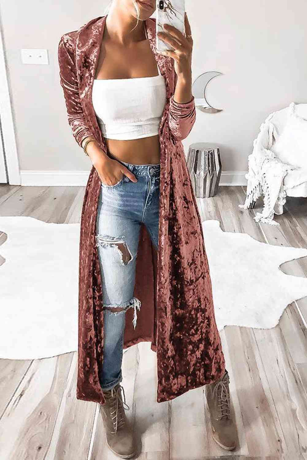 Open Front Long Sleeve Longline Velvet Cardigan [Spirit and Rebel] Pale Blush S 