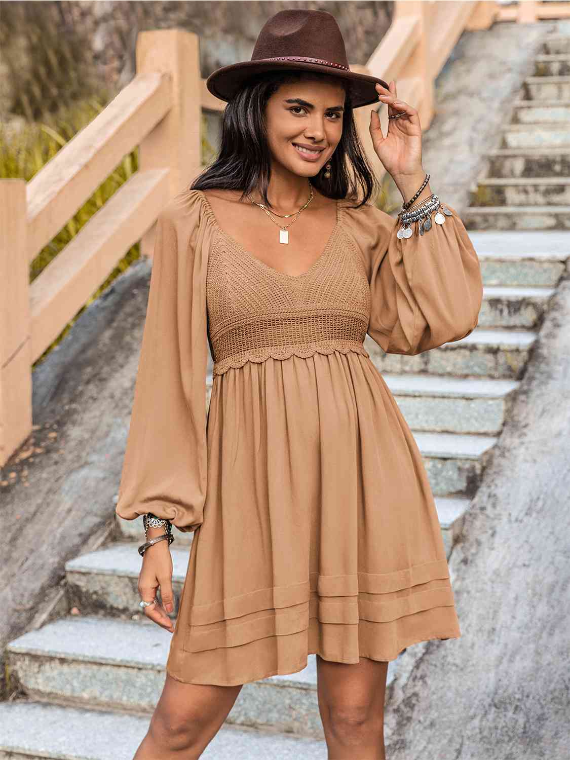 Crochet V-Neck Balloon Sleeve Dress [Spirit and Rebel]   