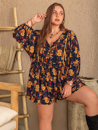 Plus Size Floral Tie Neck Balloon Sleeve Romper [Spirit and Rebel]   