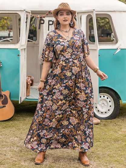 Boho Chic  Floral V-Neck Short Sleeve Slit Dress [Spirit and Rebel]   