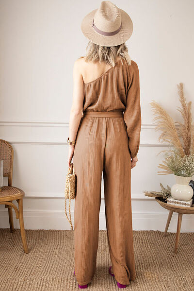 Texture Single Shoulder Tie-Waist Jumpsuit [Spirit and Rebel]   