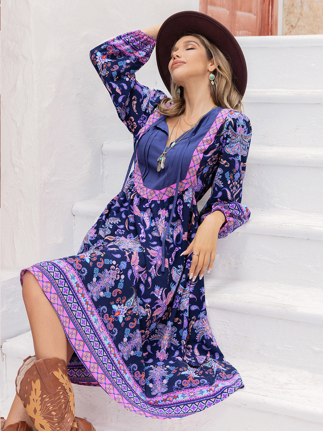 Printed Tie Neck Long Sleeve Midi Dress [Spirit and Rebel] Violet S 