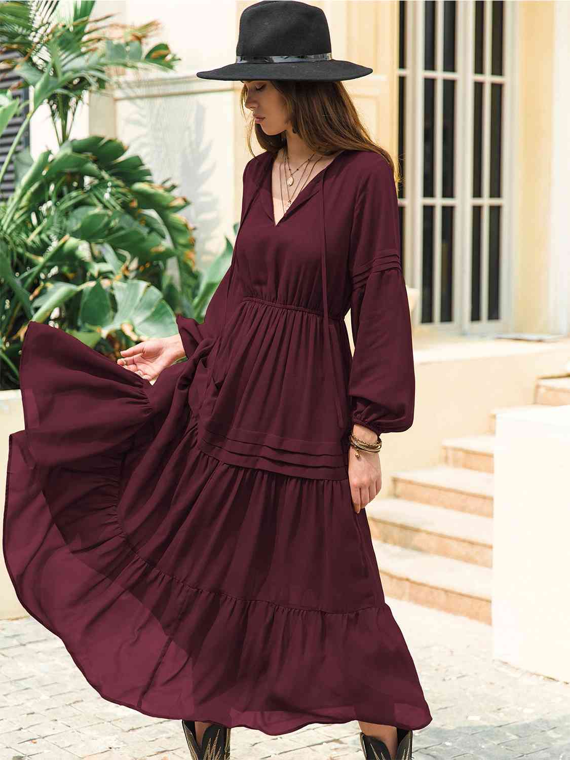 Tie Neck Long Sleeve Midi Tiered Dress [Spirit and Rebel]   