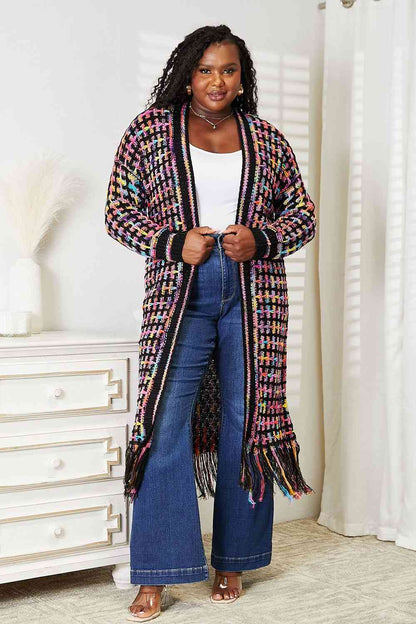 Double Take Full Size Multicolored Open Front Fringe Hem Cardigan [Spirit and Rebel] Multicolor S 