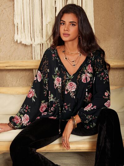 Flower Printed Tie Neck Long Sleeve Blouse [Spirit and Rebel]   