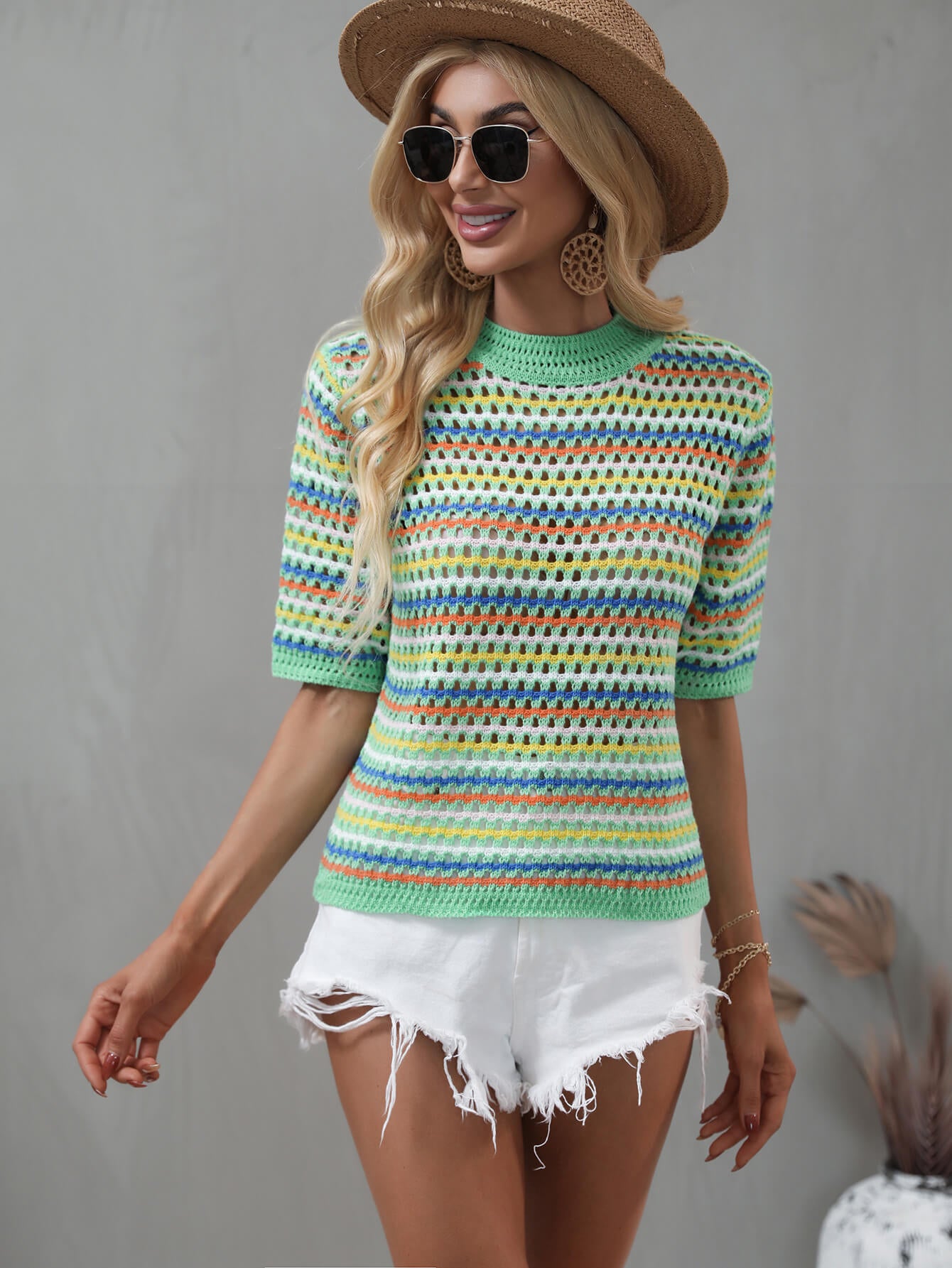 Bohemian Striped Openwork Half Sleeve Knit Top [Spirit and Rebel]   