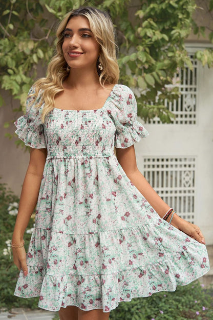 Printed Flounce Sleeve Smocked Boho Dress [Spirit and Rebel]   