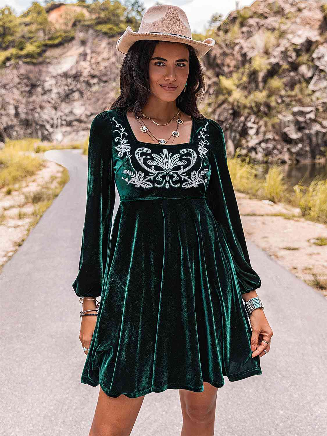 Embroidered Square Neck Long Sleeve Dress [Spirit and Rebel] Black Forest S 