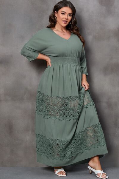 Plus Size Tied V-Neck Smocked Crochet Maxi Dress [Spirit and Rebel]   