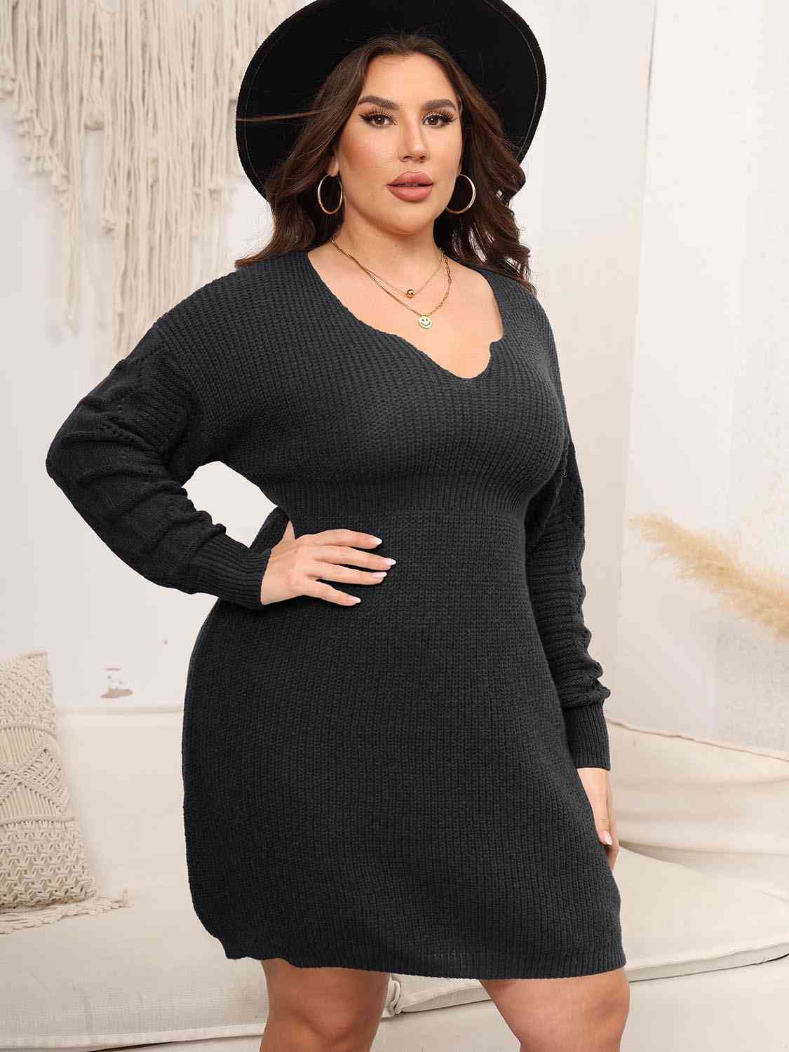 Plus Size Dropped Shoulder Long Sleeve Knit Mini Dress [Spirit and Rebel]   