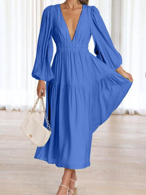 Deep V-Neck Balloon Sleeve Plain Maxi Dress [Spirit and Rebel]   