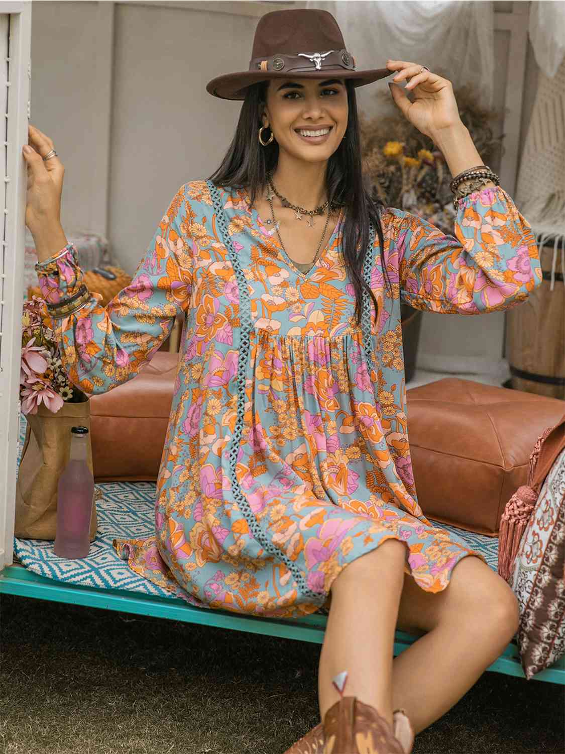 Floral Ruched V-Neck Long Sleeve Dress [Spirit and Rebel]   