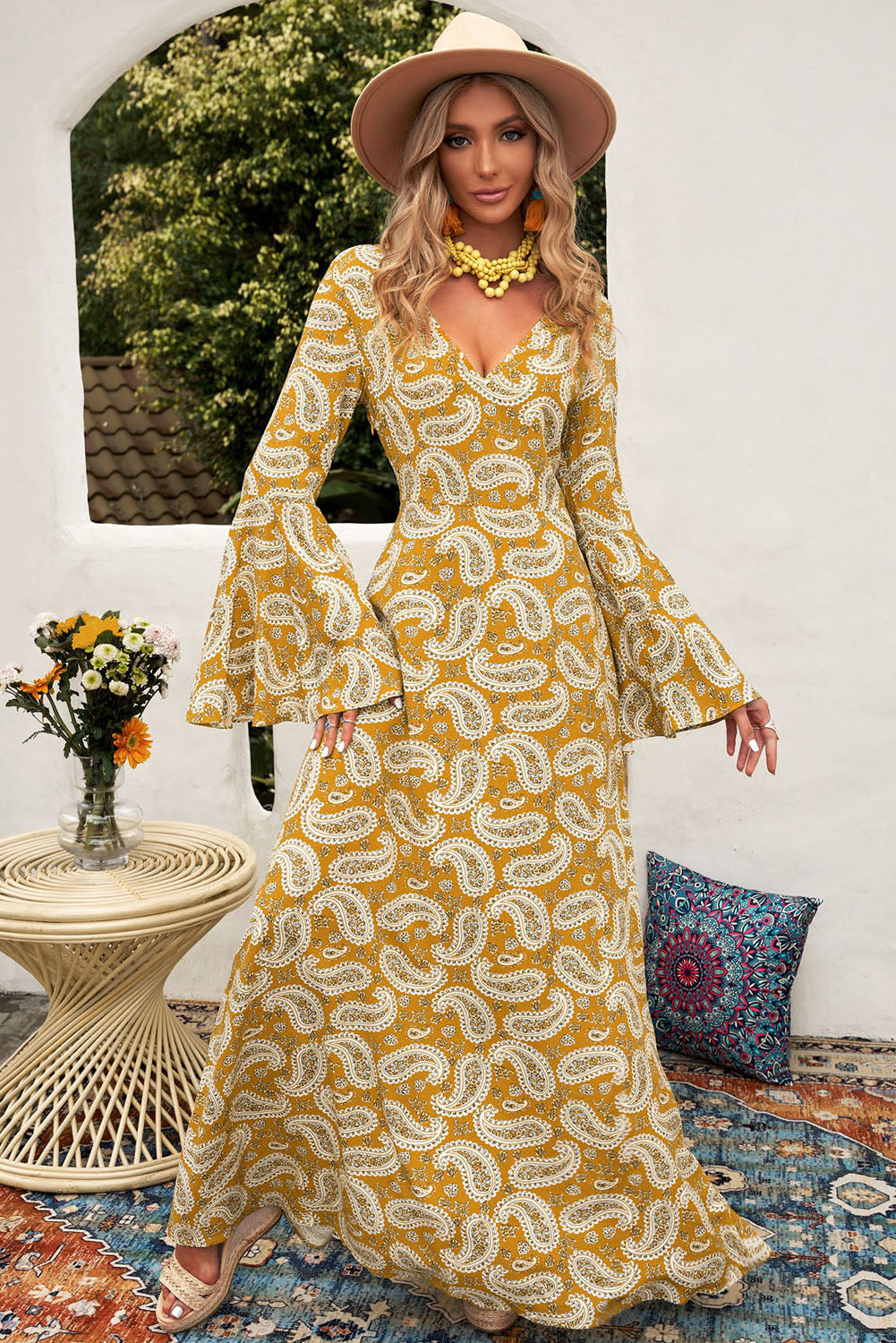 Boho Paisley Print Bell Sleeve V-Neck Hippie Maxi Dress [Spirit and Rebel]   