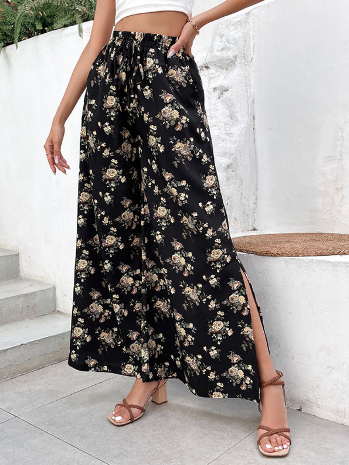 Spirit and Rebel Boho Floral Side Slit Wide Leg Pants [Spirit and Rebel]   