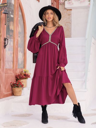 V-Neck Lantern Sleeve Ruffle Hem Dress [Spirit and Rebel] Wine S 