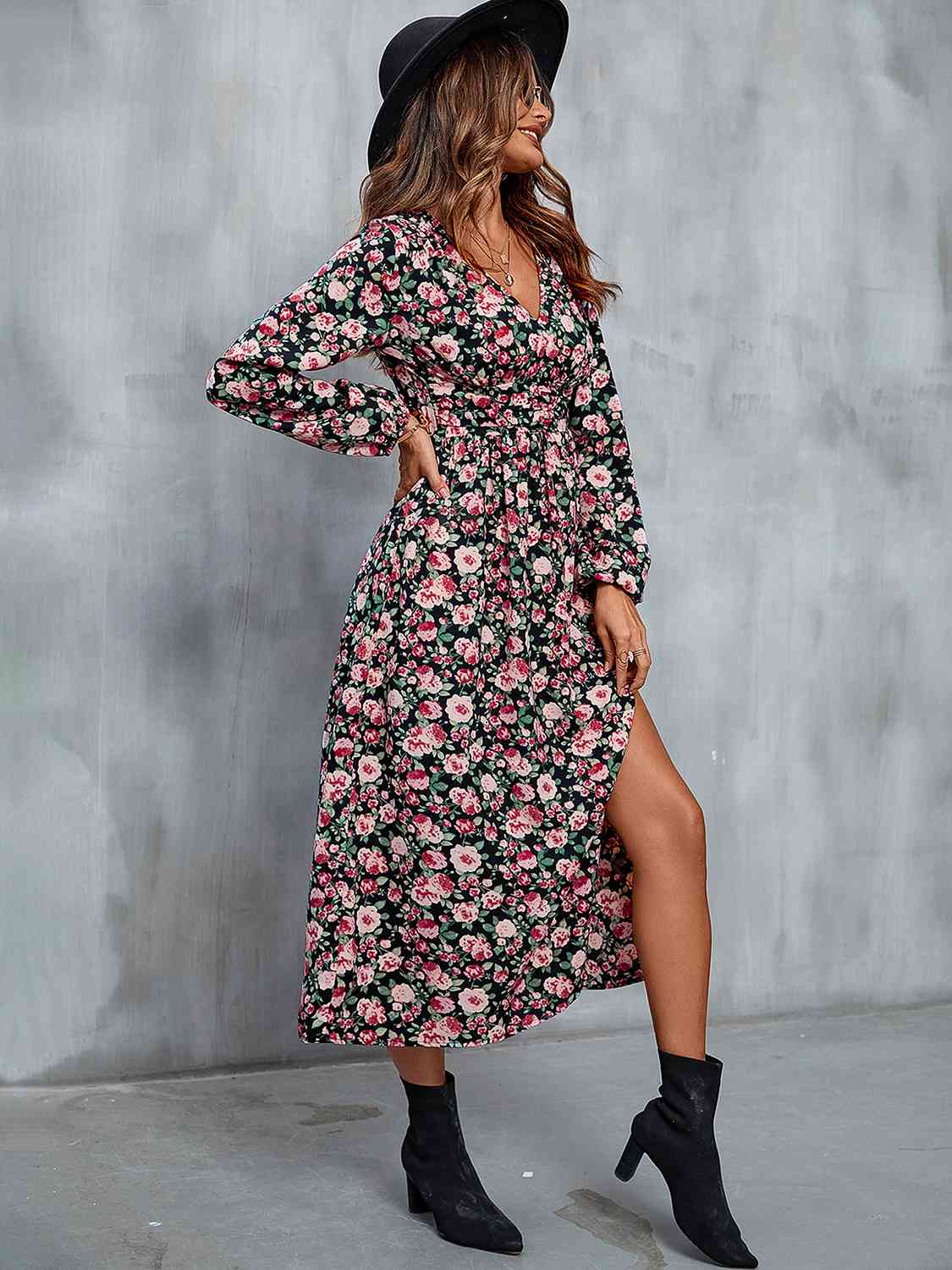 Floral V-Neck Slit Midi Dress [Spirit and Rebel]   