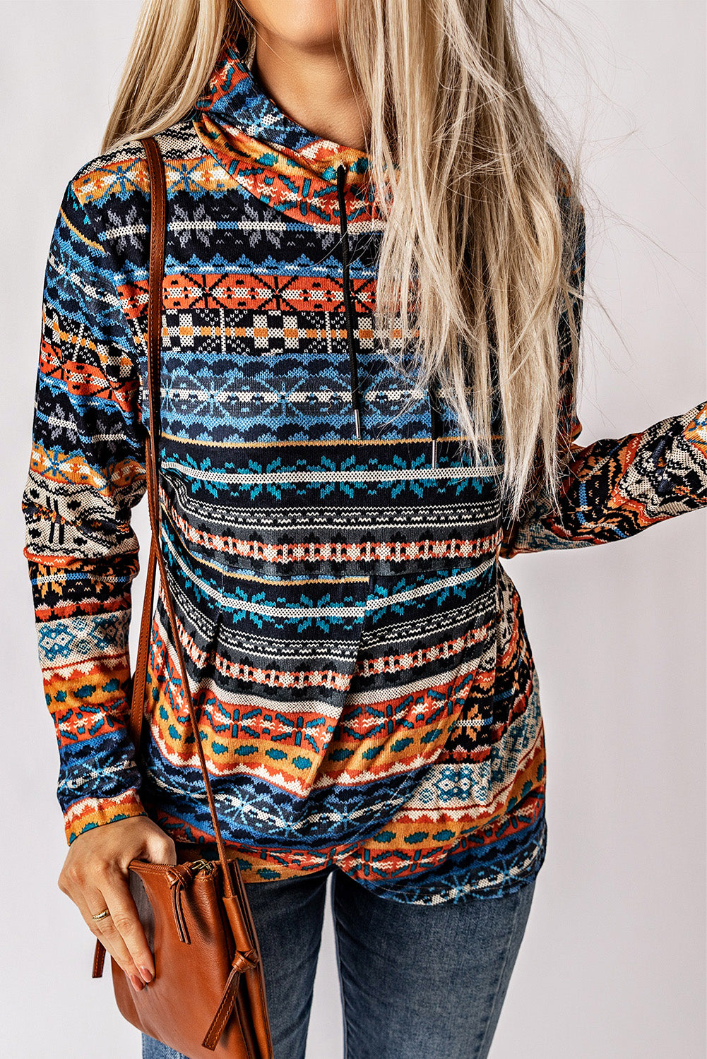 Boho Bliss Patterned Drawstring Detail Cowl Neck Hoodie [Spirit and Rebel] Multicolor S 