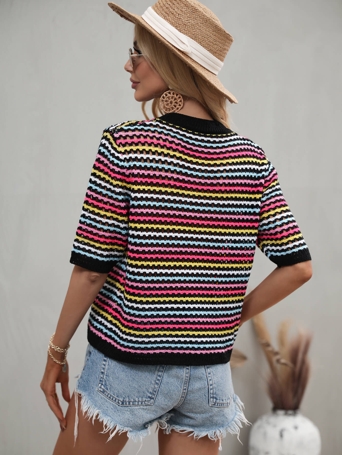 Bohemian Striped Openwork Half Sleeve Knit Top [Spirit and Rebel]   